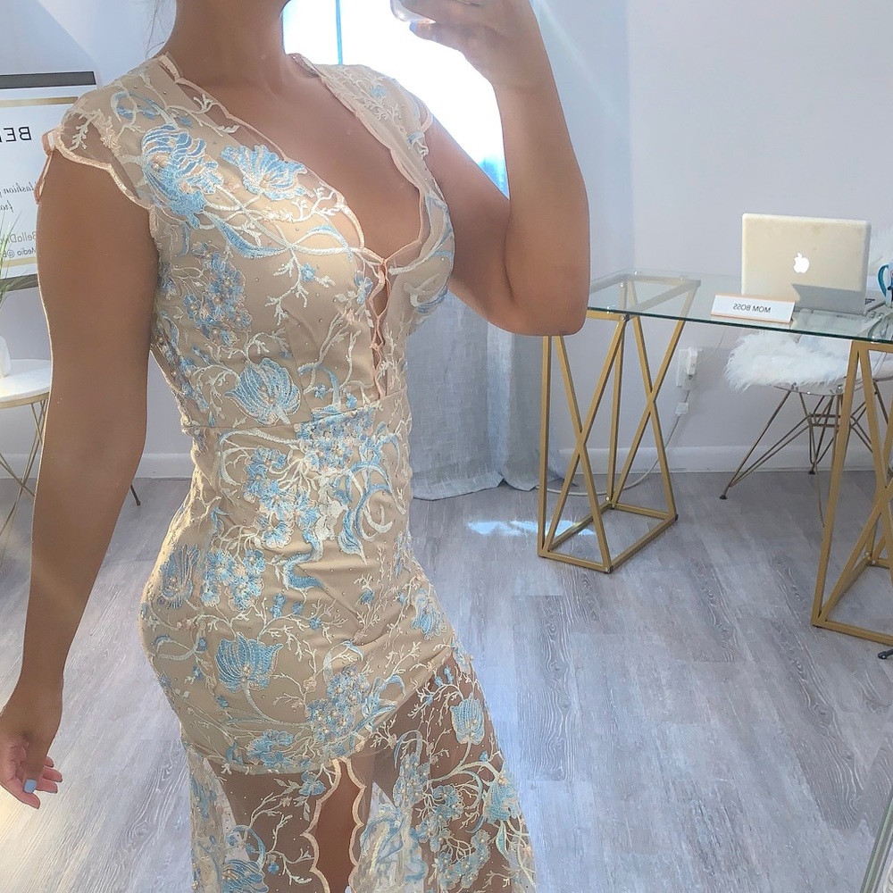 Embroidered cream and teal maxi dress
